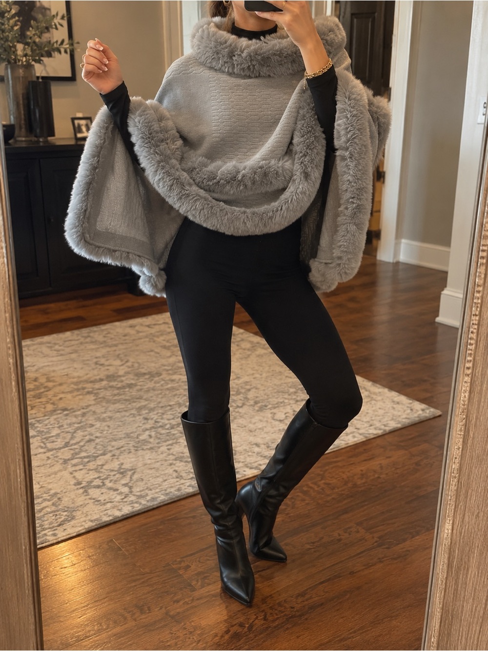 Le Moda Gray Fur Winter Cape Poncho Cozy Asymmetrical One Size